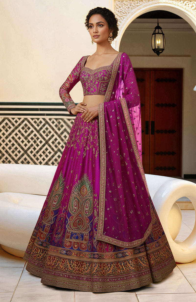 Regal Fuchsia Zardozi and Resham Embroidered Lehenga Set