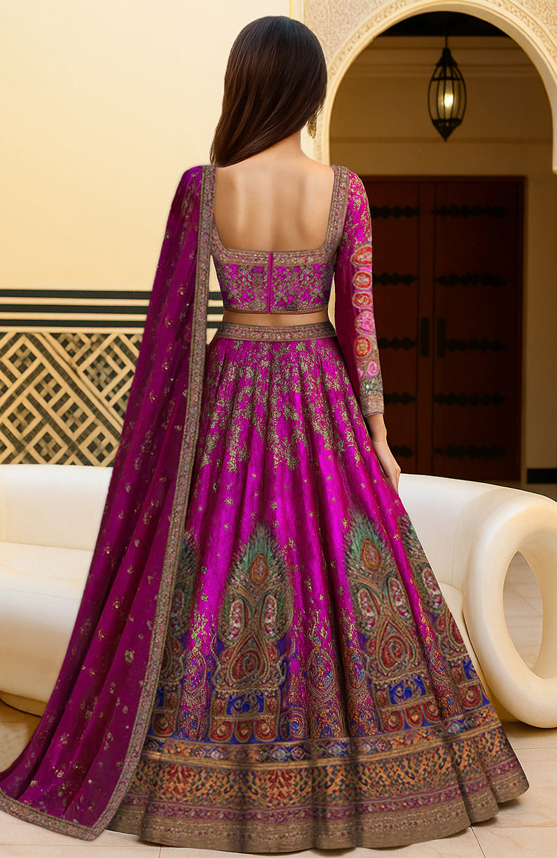Regal Fuchsia Zardozi and Resham Embroidered Lehenga Set