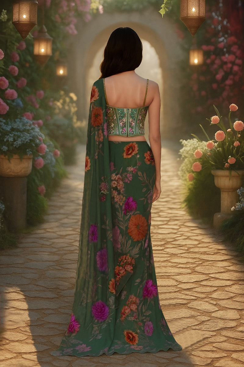 Enchanted Forrest Green Floral Corset Saree Set