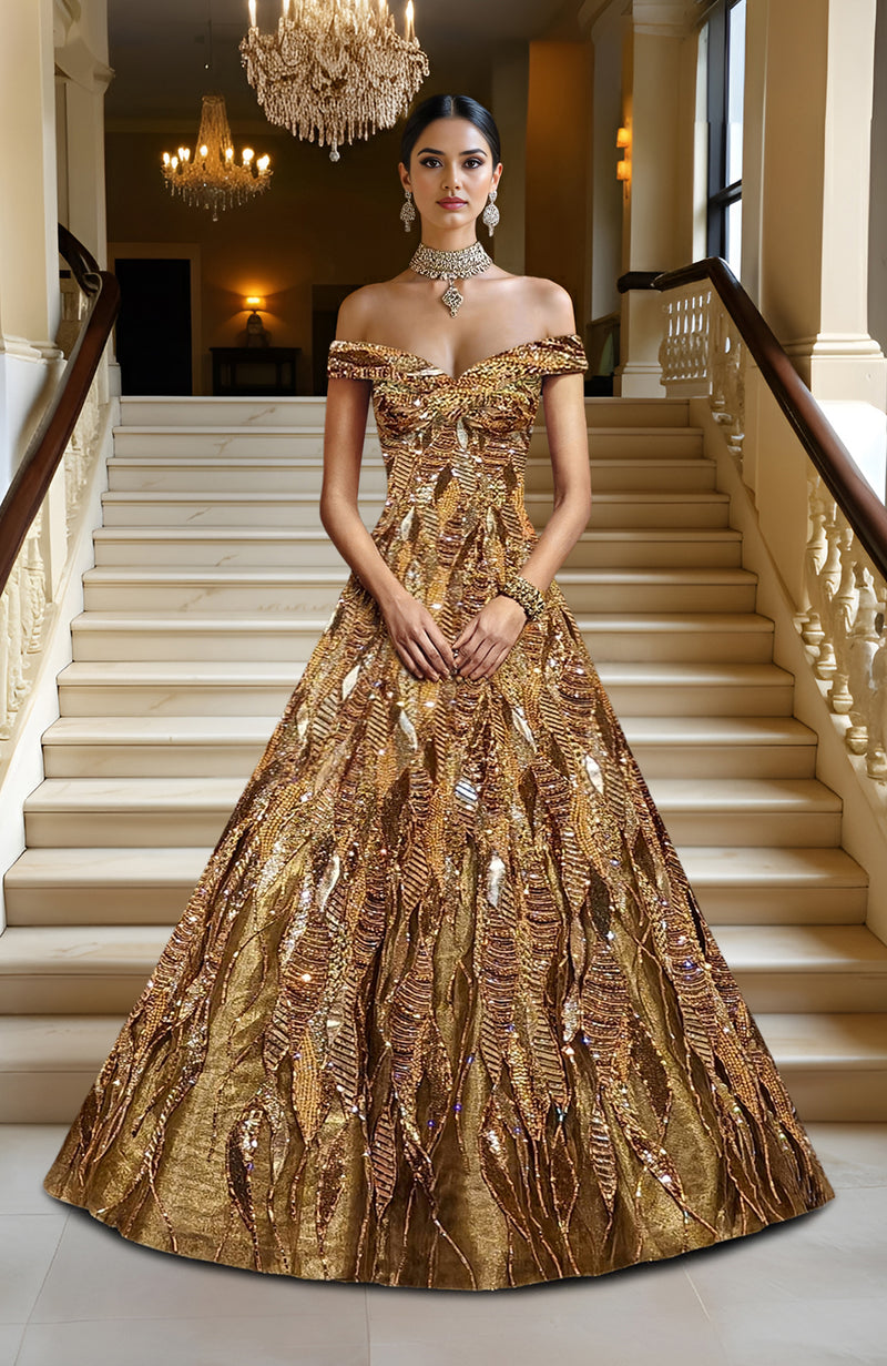 slim fit dress slacks LAILA Gold Hand Embroidered Princess Gown