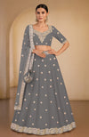 A grey lehenga set with gota patti and zardozi embroidery.