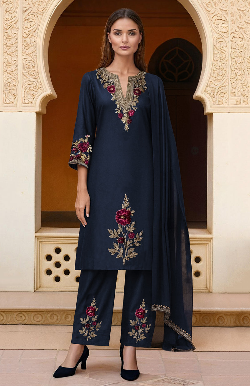 Navy Blue Gold and Burgundy Floral Embroidered Kurta Set