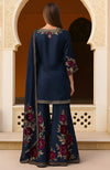 Navy blue sharara set with gold and burgundy floral embroidery.