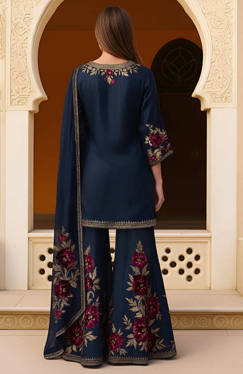 Navy blue sharara set with gold and burgundy floral embroidery.
