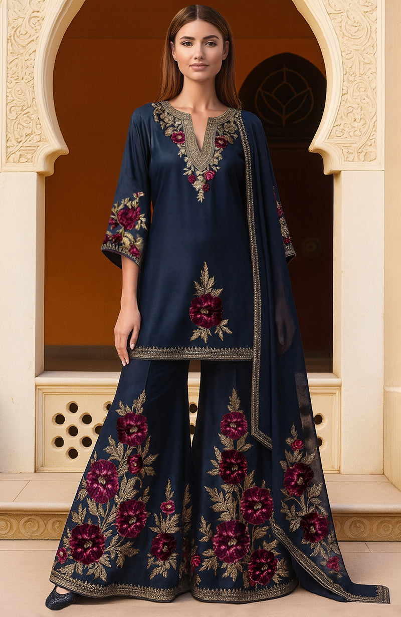 Navy Blue Gold and Burgundy Floral Embroidered Sharara Set