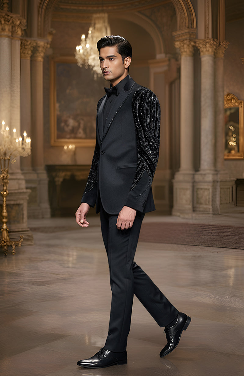 Zar Code Noir Embellished Tuxedo Jacket Set | Black Suit – Talking Threads