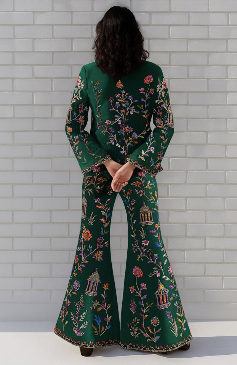 Emerald Multicolour Parsi Gara Embroidered Flared Pant Suit