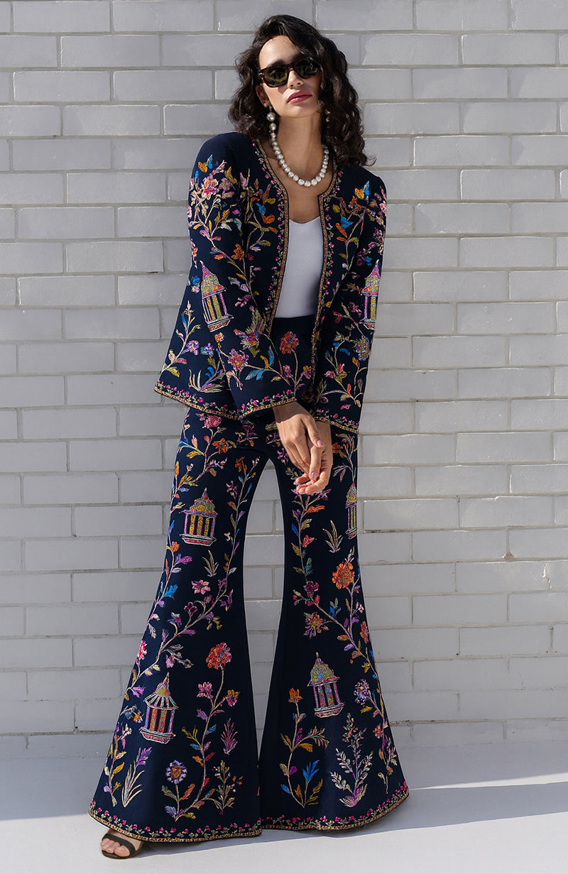 Emerald Multicolour Parsi Gara Embroidered Flared Pant Suit