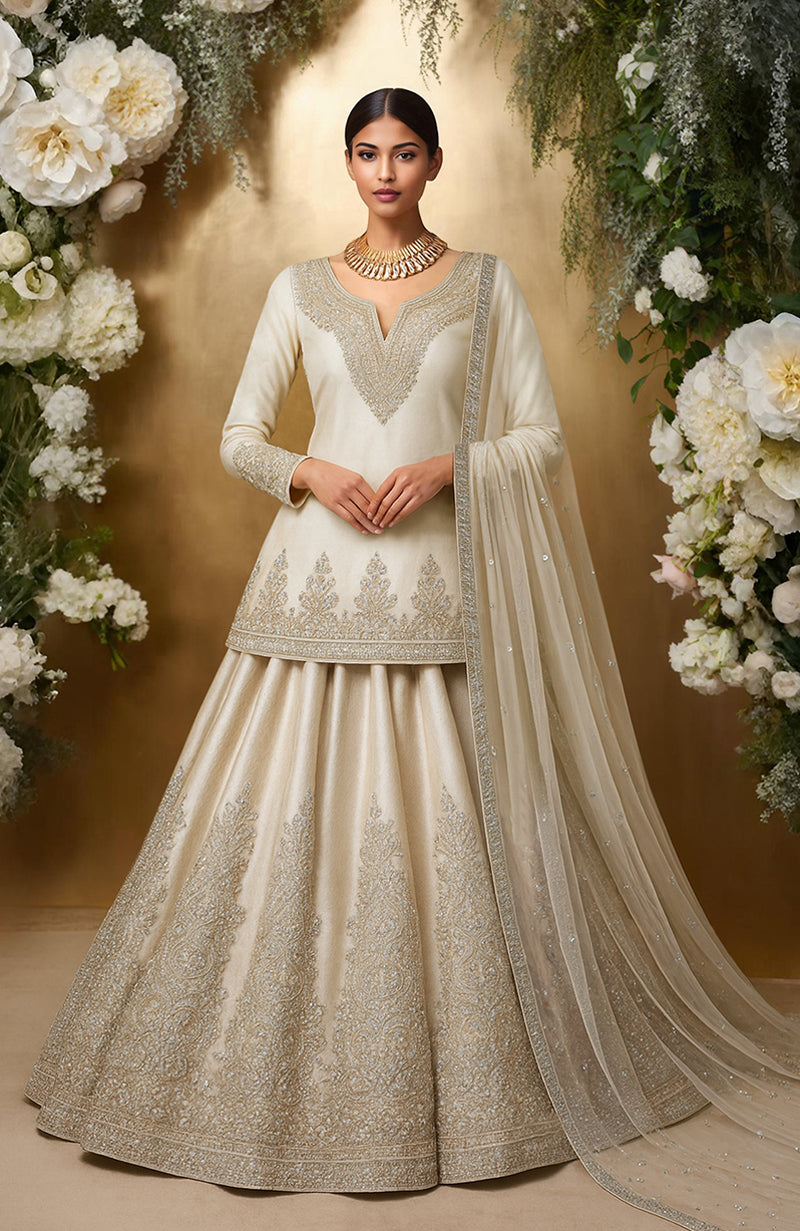 Ivory Zari Sequin Beads and Crystals Embroidered Lehenga Set with Dupatta