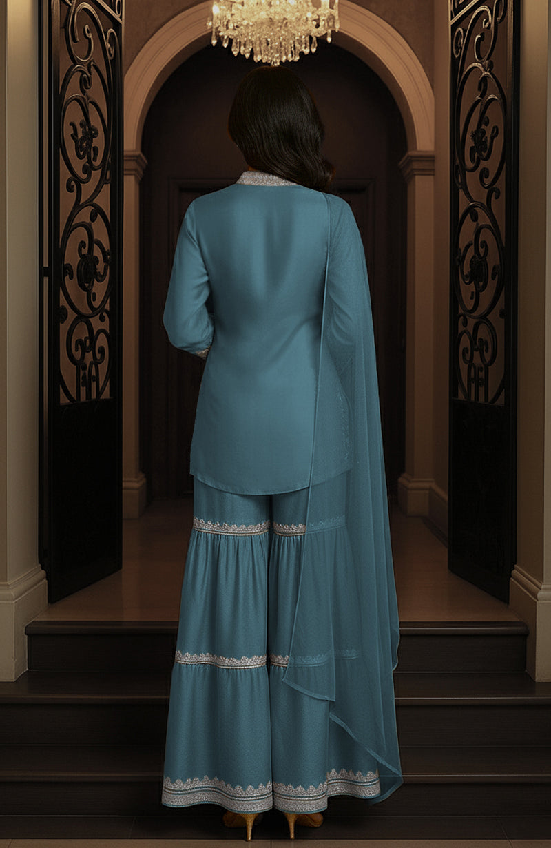 Peacock Blue Embroidered Gharara set