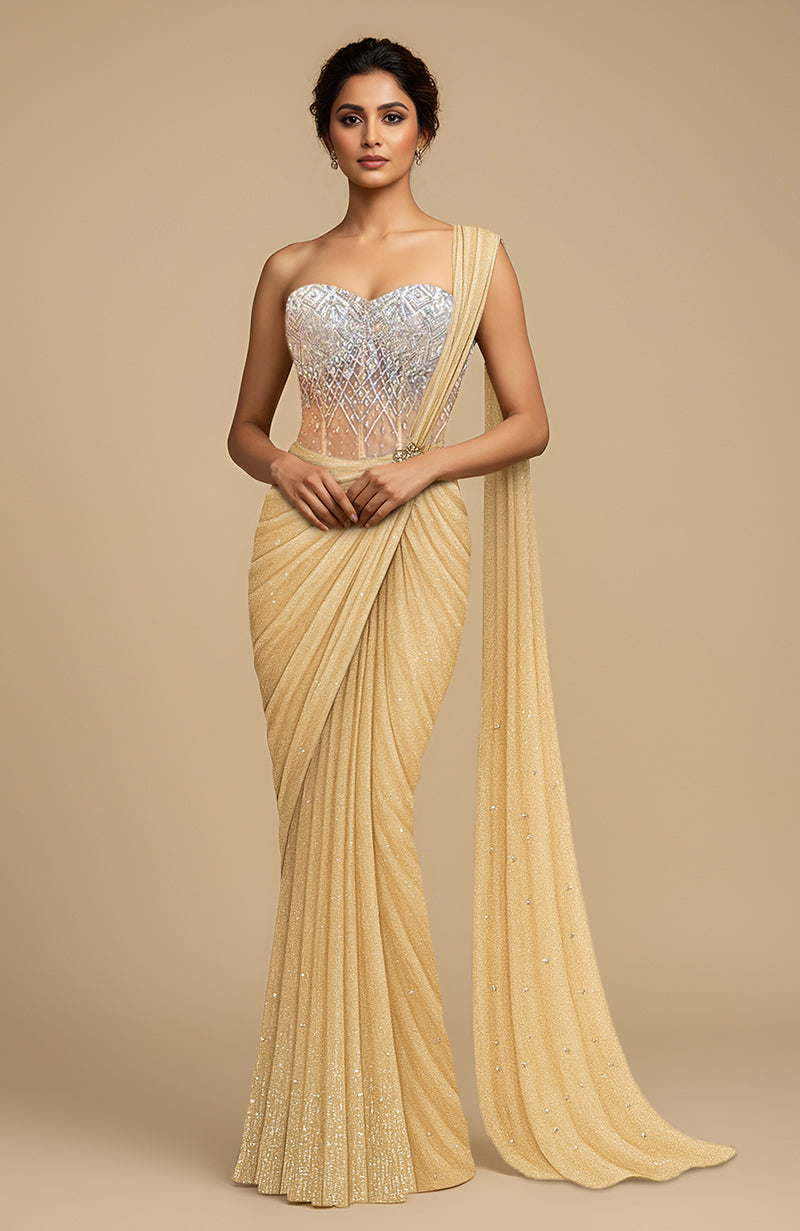 Champagne Gold Draped Saree with Crystal-Corset Blouse — Laila Edit