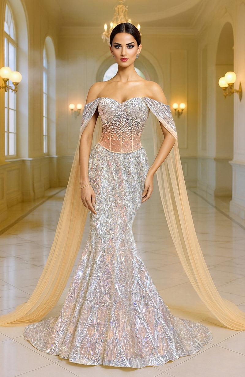 LAILA- Silver Champagne Mermaid Lehenga and Cape Set