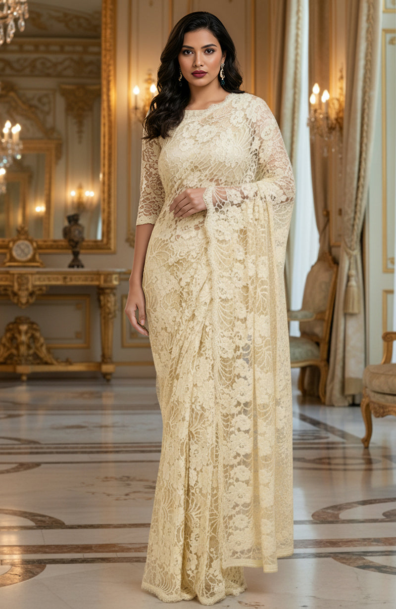 Porcelain ivory French Chantilly lace saree with a matching blouse.