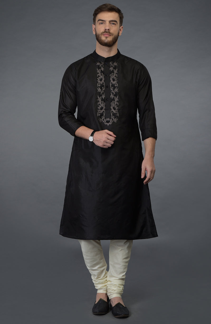Maroon Silk Kurta With Floral Embroidered Placket Detail