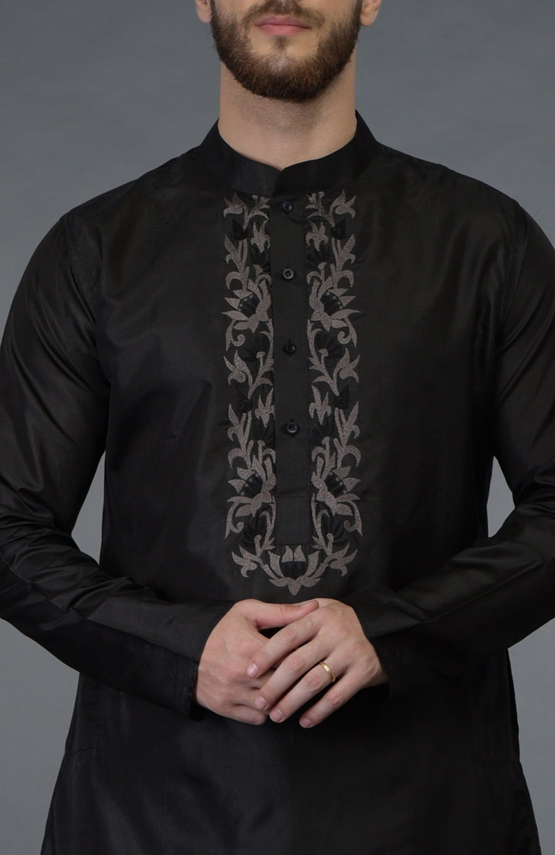 Black Silk Kurta With Floral Embroidered Placket Detail