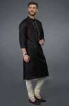 Black Silk Kurta With Floral Embroidered Placket Detail