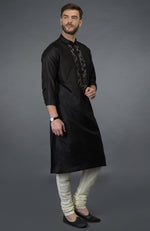 Black Silk Kurta With Floral Embroidered Placket Detail