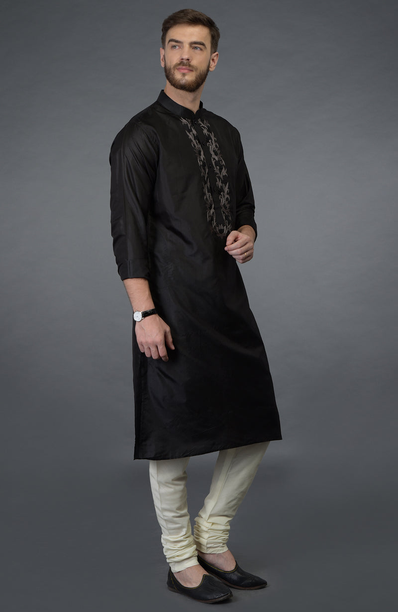Black Silk Kurta With Floral Embroidered Placket Detail