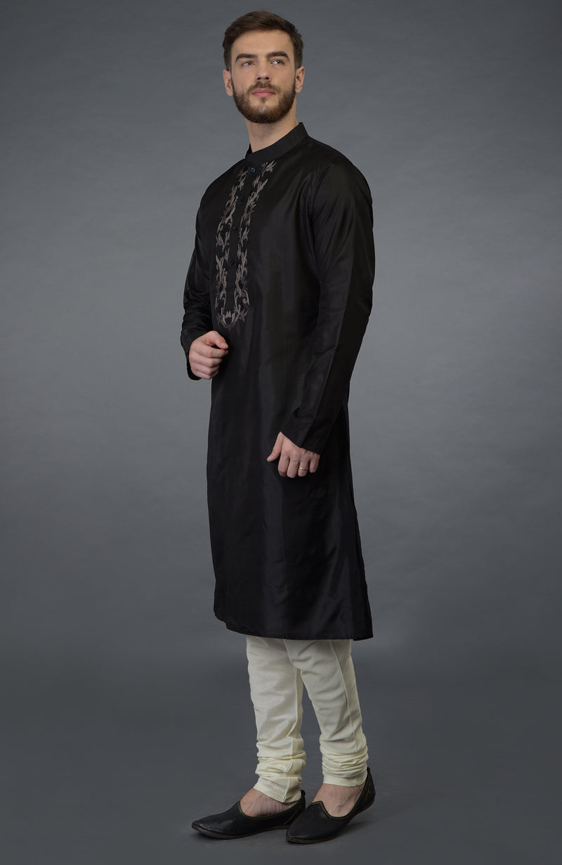 Black Silk Kurta With Floral Embroidered Placket Detail