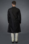 Black Silk Kurta With Floral Embroidered Placket Detail