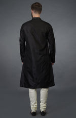 Black Silk Kurta With Floral Embroidered Placket Detail