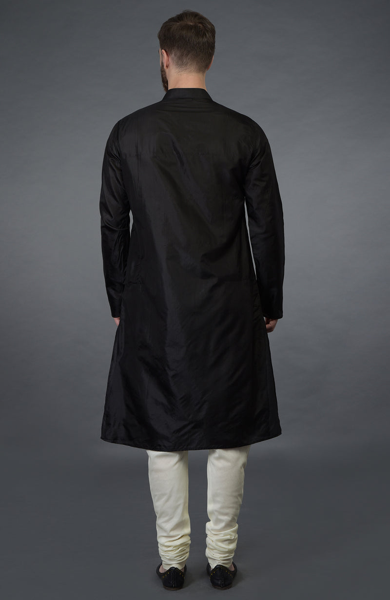 Black Silk Kurta With Floral Embroidered Placket Detail