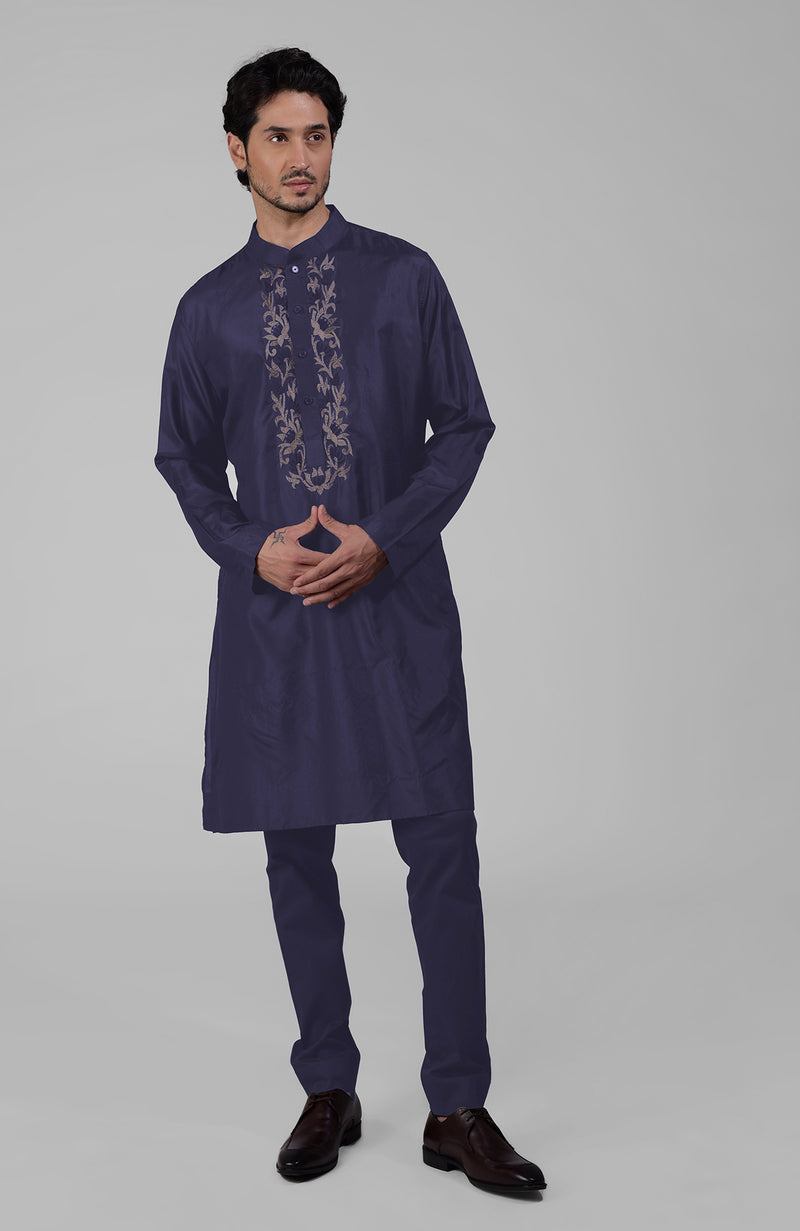 Maroon Silk Kurta With Floral Embroidered Placket Detail