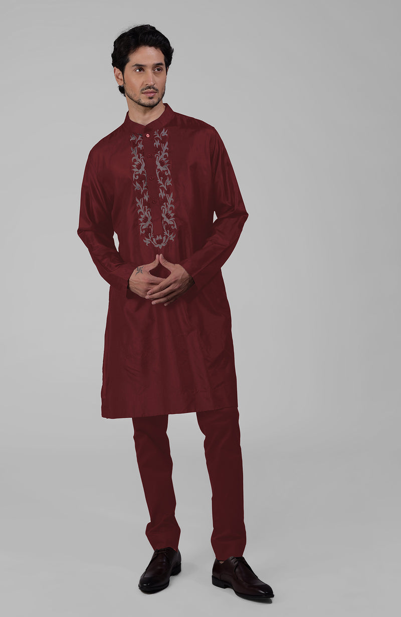 Maroon Silk Kurta With Floral Embroidered Placket Detail