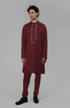 Maroon Silk Kurta With Floral Embroidered Placket Detail
