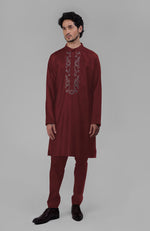 Maroon Silk Kurta With Floral Embroidered Placket Detail