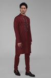 Maroon Silk Kurta With Floral Embroidered Placket Detail