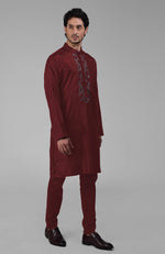 Maroon Silk Kurta With Floral Embroidered Placket Detail