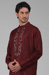 Maroon Silk Kurta With Floral Embroidered Placket Detail