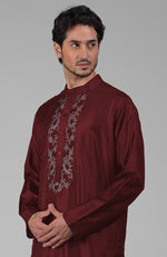 Maroon Silk Kurta With Floral Embroidered Placket Detail