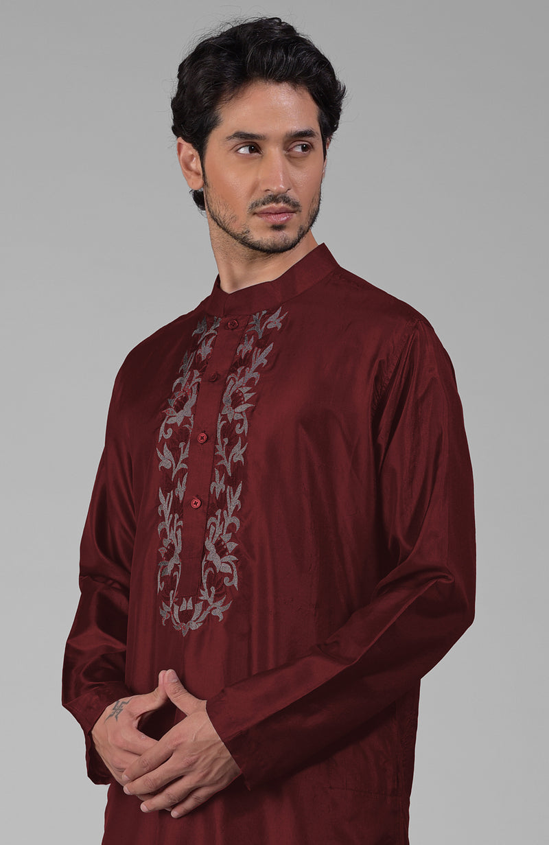 Maroon Silk Kurta With Floral Embroidered Placket Detail