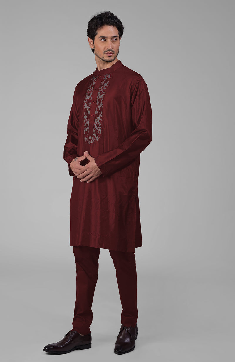 Maroon Silk Kurta With Floral Embroidered Placket Detail