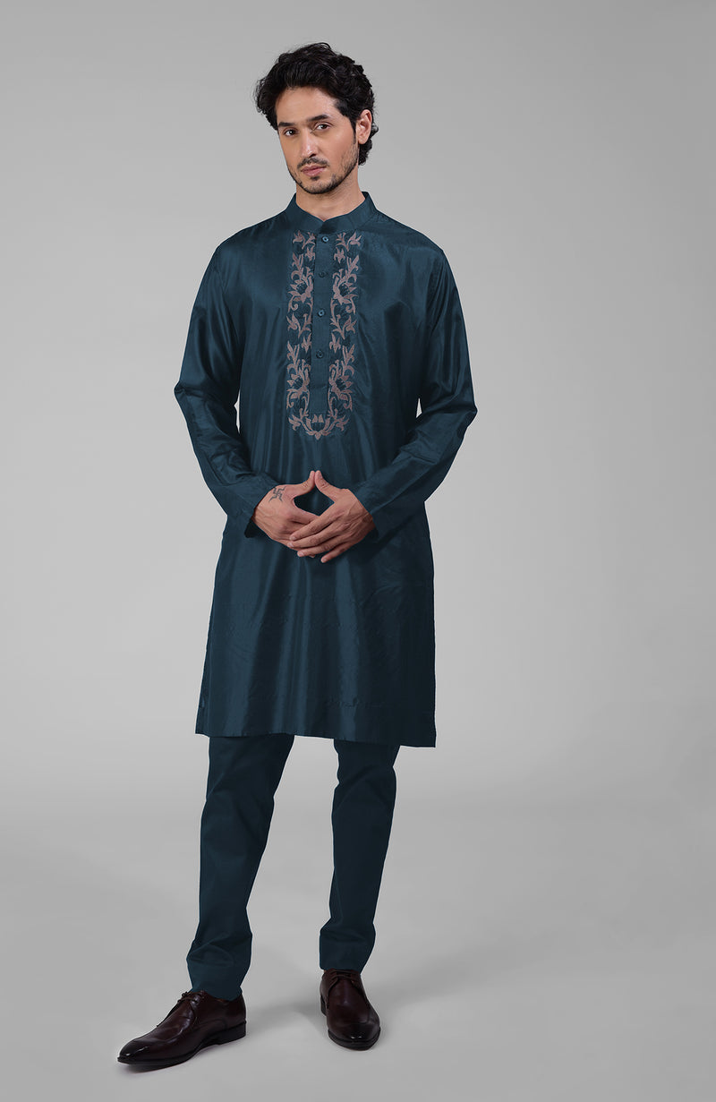 Maroon Silk Kurta With Floral Embroidered Placket Detail