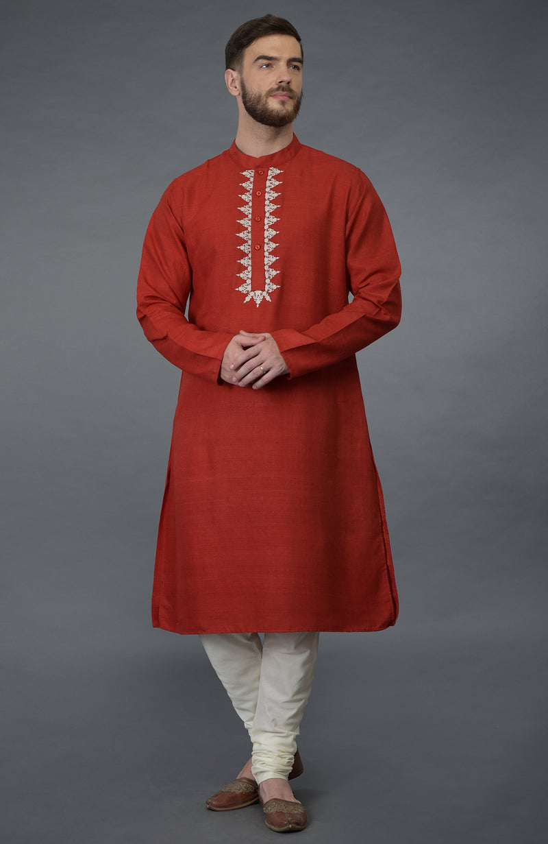 Red Pure Silk Kurta With Floral Embroidered Placket Detail