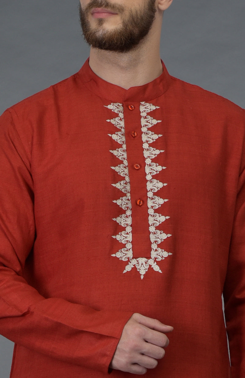 Red Pure Silk Kurta With Floral Embroidered Placket Detail