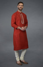 Red Pure Silk Kurta With Floral Embroidered Placket Detail