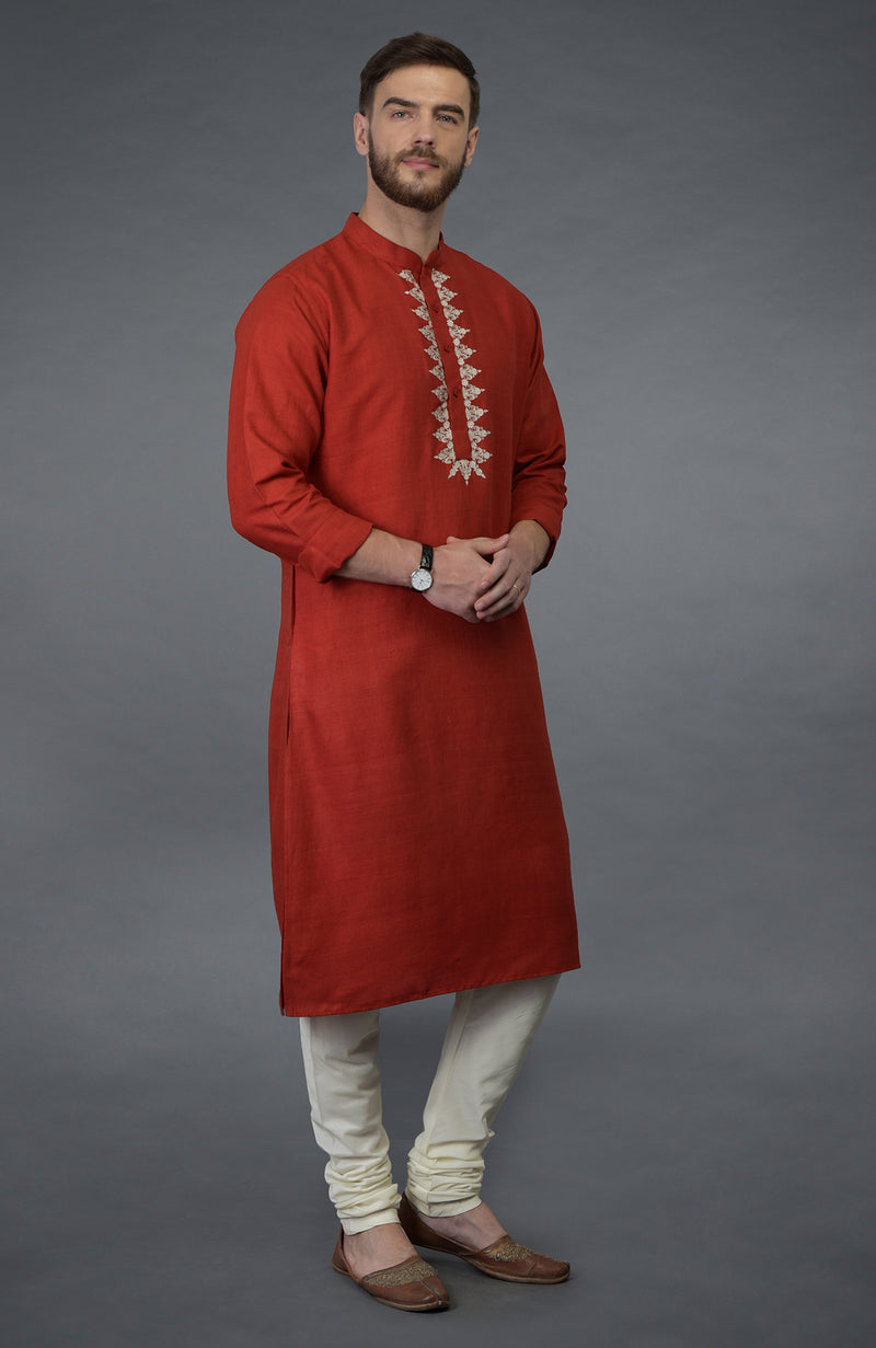 Red Pure Silk Kurta With Floral Embroidered Placket Detail