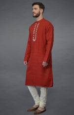 Red Pure Silk Kurta With Floral Embroidered Placket Detail