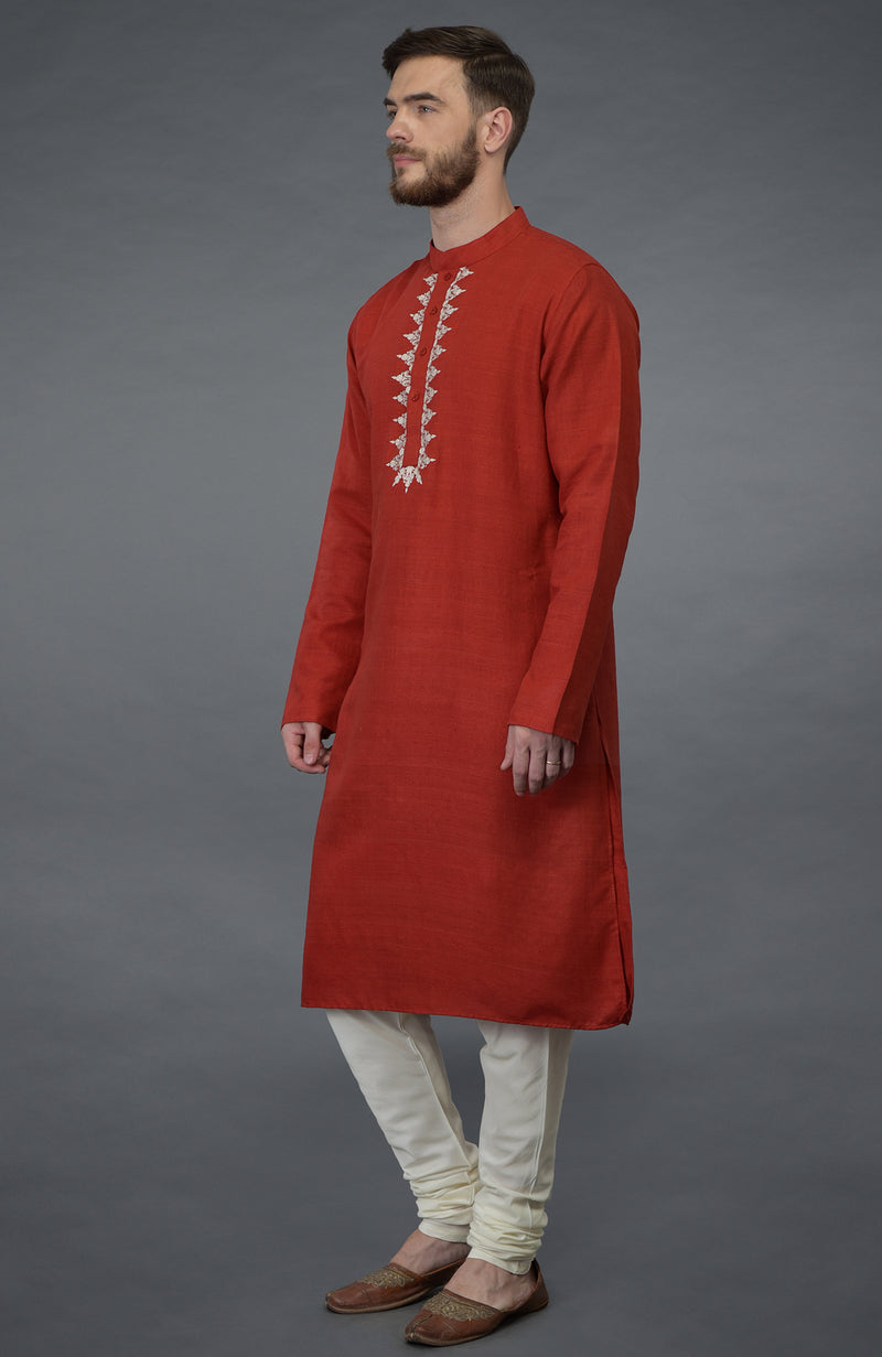 Red Pure Silk Kurta With Floral Embroidered Placket Detail