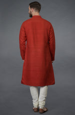 Red Pure Silk Kurta With Floral Embroidered Placket Detail