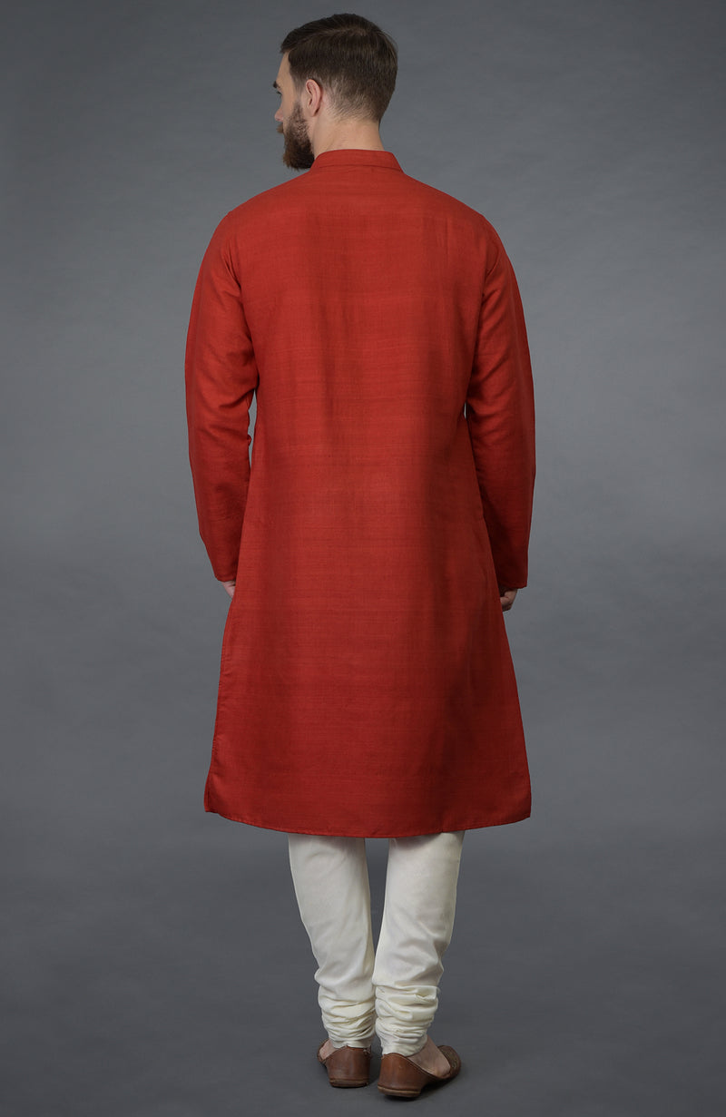 Red Pure Silk Kurta With Floral Embroidered Placket Detail
