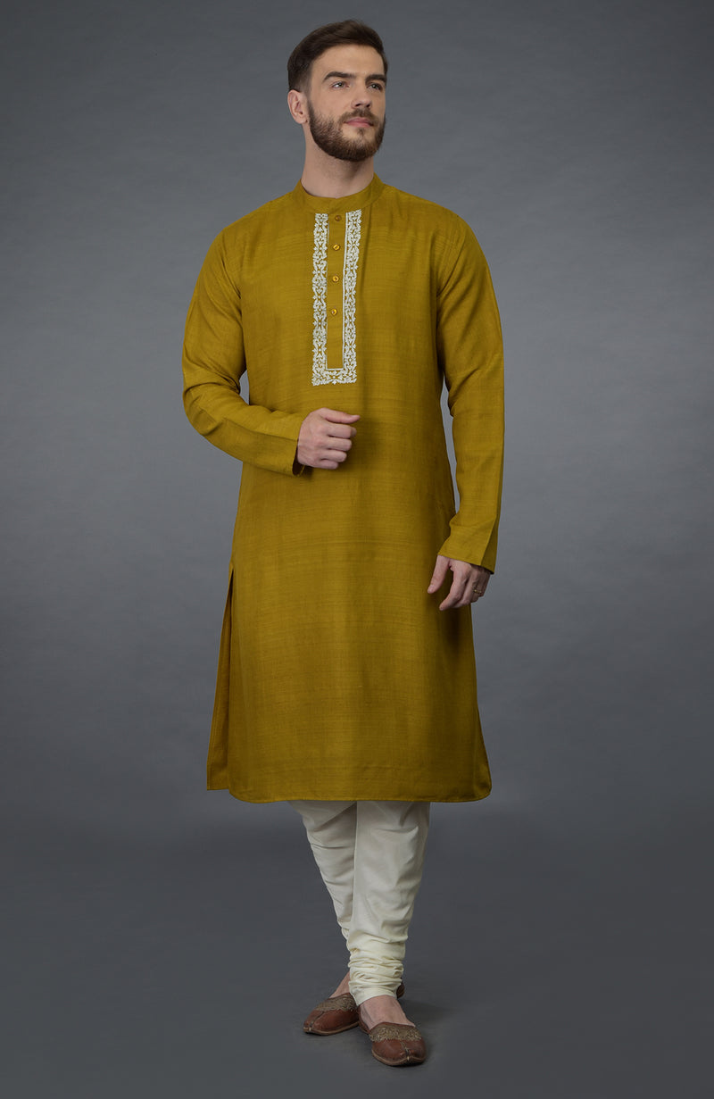 Mustard Embroidered Pure Silk Kurta Set