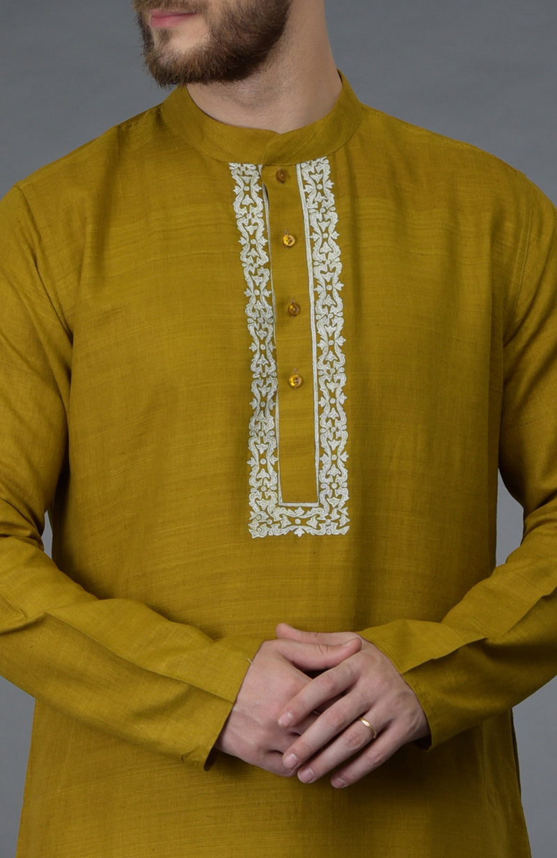 Mustard Embroidered Pure Silk Kurta Set