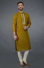 Mustard Embroidered Pure Silk Kurta Set