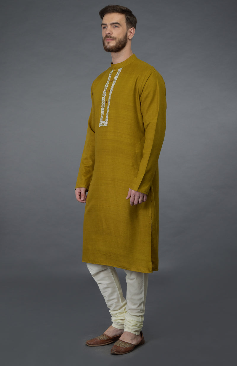 Mustard Embroidered Pure Silk Kurta Set