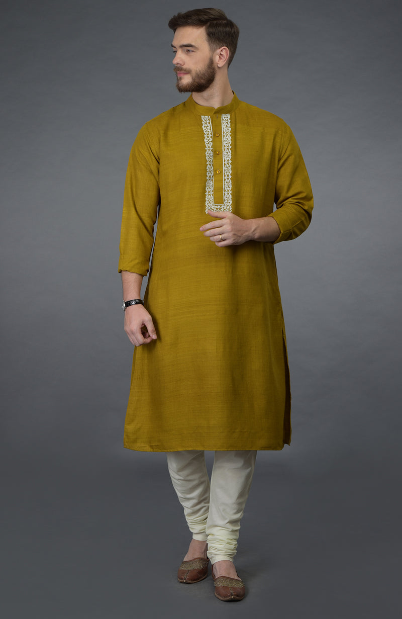 Mustard Embroidered Pure Silk Kurta Set